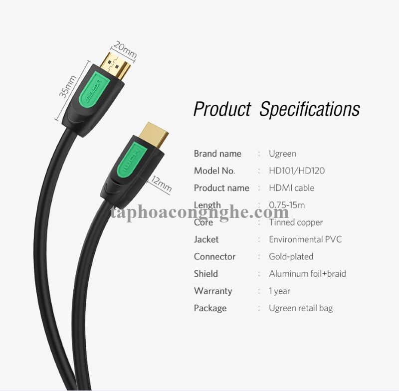 Ugreen 40466 10M màu Đen Cáp tín hiệu HDMI chuẩn 1.4 hỗ trợ phân giải 4K * 2K HD101 30040466